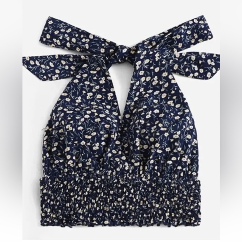 Romwe Ditsy Floral Navy Smocked Halter Top Size 12
